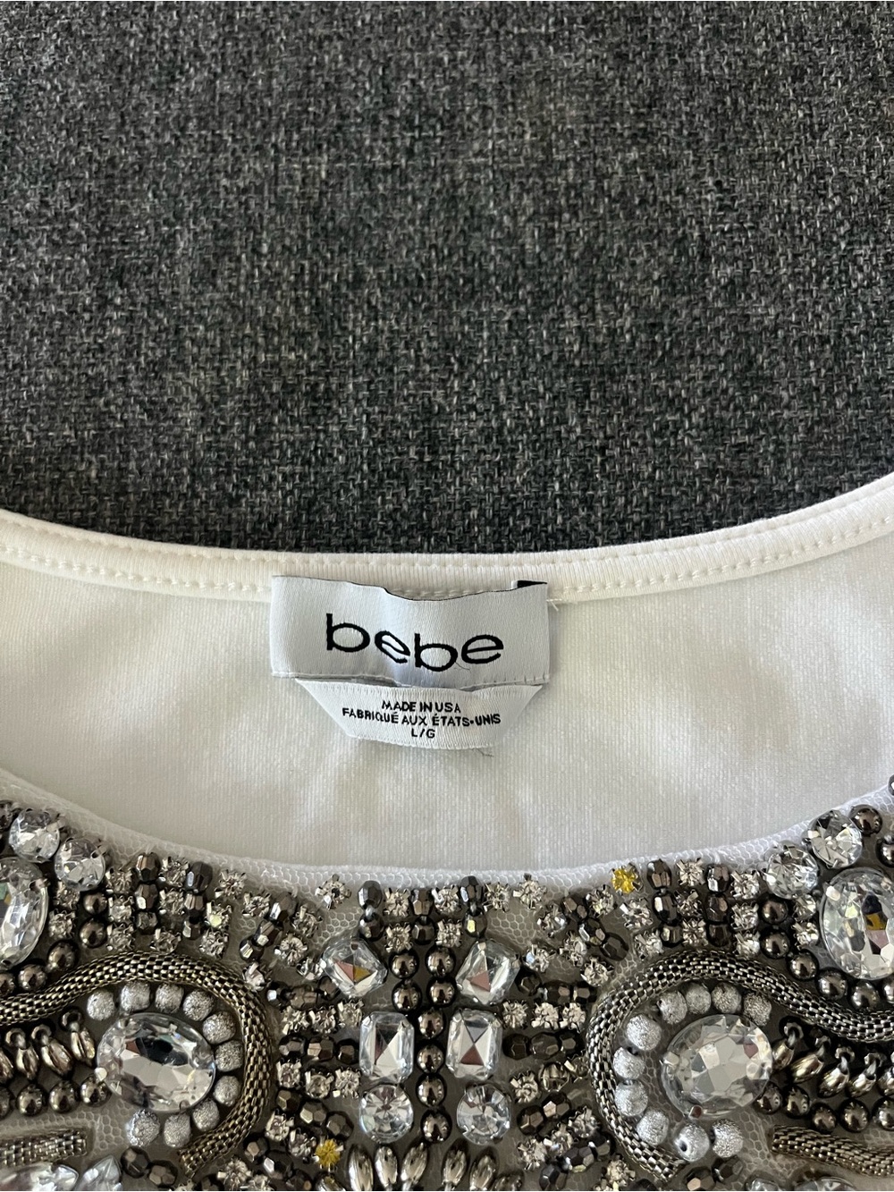 bebe White Long Sleeve Top with Beaded Jeweled Collar - Picture 3 of 6